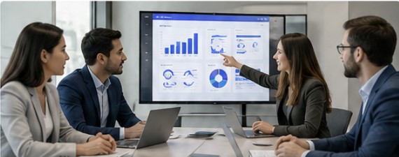 Business team reviewing SAP BTP analytics and outcomes